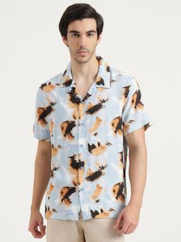 United Colors of Benetton - Men Blue Viscose Collar Neck Shirt