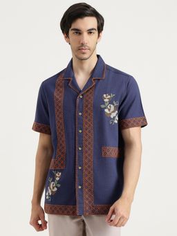 United Colors of Benetton - Men Blue Pure Cotton Collar Neck Shirt