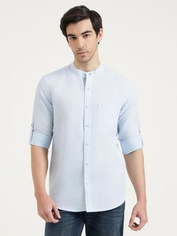 United Colors of Benetton - Men Blue Linen Blend Mandarin Neck Shirt