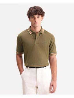 Rare Rabbit - Men Olive Cotton Blend Collar Neck Polo T-Shirt