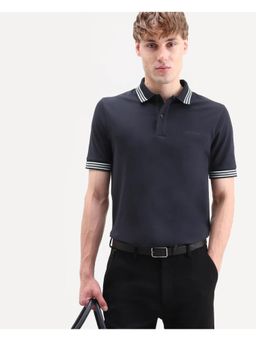 Rare Rabbit - Men Navy Blue Cotton Blend Collar Neck Polo T-Shirt