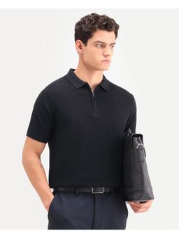 Rare Rabbit - Men Black Cotton High Neck Polo T-Shirt