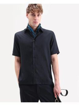 Rare Rabbit - Men Navy Blue Cotton Collar Neck Shirt