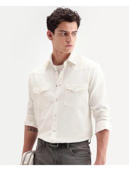 Rare Rabbit - Men Off White Cotton Blend Collar Neck Shirt