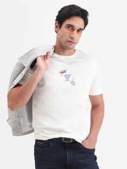Rare Rabbit - Men Off White Cotton Blend Crew Neck T-Shirt