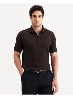 Rare Rabbit - Men Brown Cotton Collar Neck Polo T-Shirt