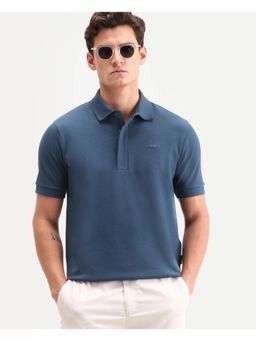 Rare Rabbit - Men Blue Cotton Blend Collar Neck Polo T-Shirt