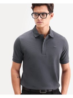 Rare Rabbit - Men Grey Cotton Blend Collar Neck Polo T-Shirt