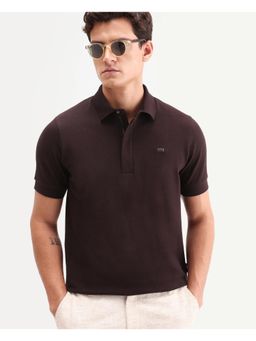 Rare Rabbit - Men Brown Cotton Blend Collar Neck Polo T-Shirt