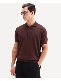 Rare Rabbit - Men Wine Linen Blend Collar Neck Polo T-Shirt