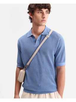 Rare Rabbit - Men Blue Cotton Collar Neck Polo T-Shirt