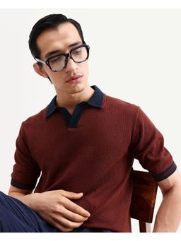 Rare Rabbit - Men Rust Cotton Collar Neck Polo T-Shirt