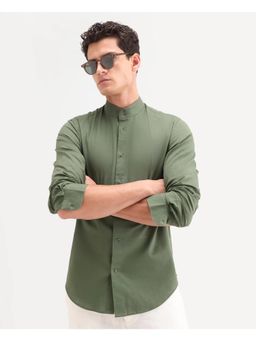 Rare Rabbit - Men Green Cotton Mandarin Neck Shirt
