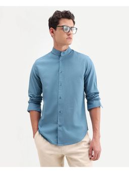 Rare Rabbit - Men Blue Cotton Mandarin Neck Shirt