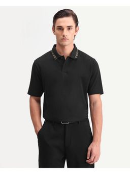 Rare Rabbit - Men Black Cotton Collar Neck Polo T-Shirt