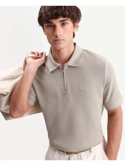 Rare Rabbit - Men Beige Cotton Collar Neck Polo T-Shirt