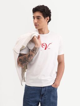 Rare Rabbit - Men Off White Cotton Blend Crew Neck T-Shirt