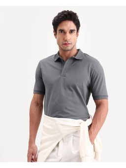 Rare Rabbit - Men Grey Cotton Blend Collar Neck Polo T-Shirt