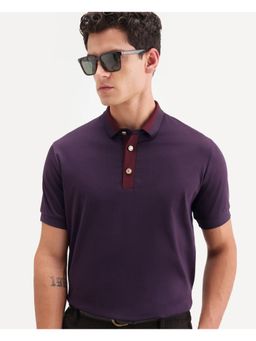 Rare Rabbit - Men Purple Cotton Collar Neck Polo T-Shirt