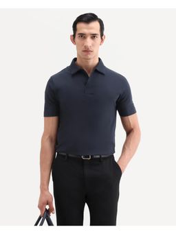 Rare Rabbit - Men Navy Blue Cotton Collar Neck Polo T-Shirt