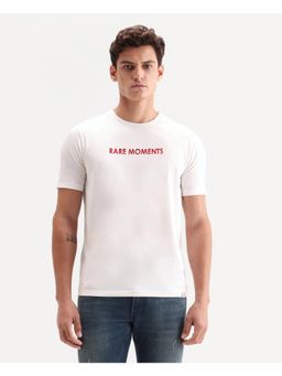 Rare Rabbit - Men Off White Cotton Blend Crew Neck T-Shirt