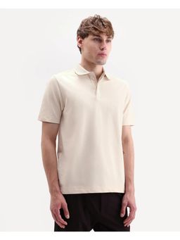 Rare Rabbit - Men Off White Cotton Blend Collar Neck Polo T-Shirt