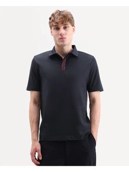 Rare Rabbit - Men Navy Blue Cotton Blend Collar Neck Polo T-Shirt