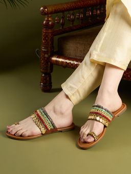 Inc.5 - Womens Multi-Color Ethnic Embellished One Toe Flat Flats