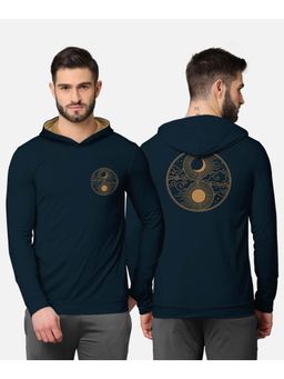 BULLMER - Trendy Front & Back Printed Full Sleeve Hooded T-shirt For Men Navy Blue