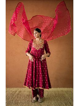 Gulabo Jaipur - Women Chanderi Embroidered Anarkali Kurta with Pant and Dupatta