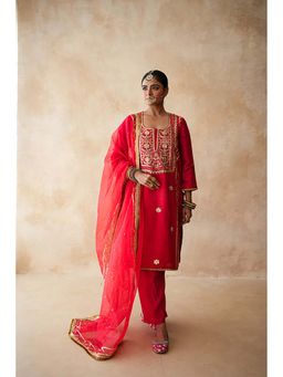 Gulabo Jaipur - Women Silk Embroidered Kurta with Pant and Dupatta