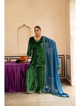 Karaj Jaipur - Women Velvet Embroidered Kurta with Sharara and Dupatta