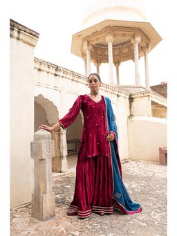Karaj Jaipur - Women Velvet Embroidered Kurta with Sharara and Dupatta