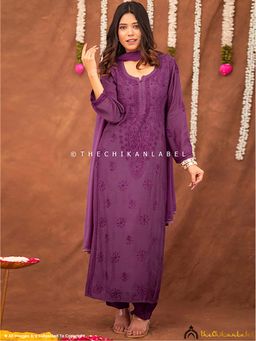 The Chikan Label - Women Muslin Embroidered Kurta with Pant and Dupatta