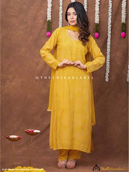 The Chikan Label - Women Muslin Embroidered Kurta with Pant and Dupatta