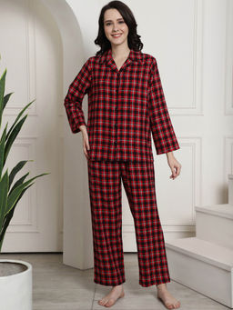 Secret Wish - Maroon Checked Cotton Flannel Night Suit (Set of 2)