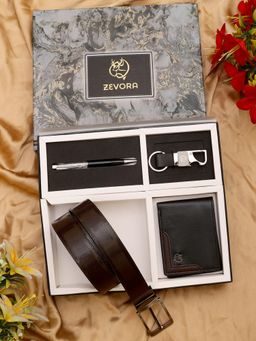 ZEVORA - Men Reversible Brown Belt with Wallet, Pen & Keychain