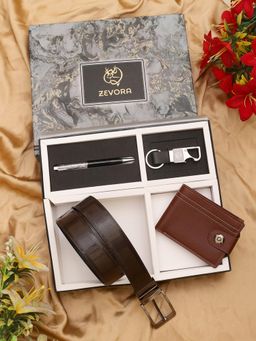 ZEVORA - Men Reversible Brown Belt with Wallet, Pen & Keychain