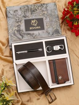 ZEVORA - Men Reversible Brown Belt with Wallet, Pen & Keychain