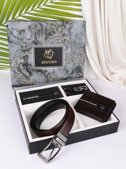 ZEVORA - Men Reversible Brown Belt with Wallet, Pen & Keychain