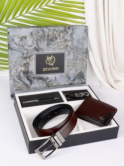 ZEVORA - Men Reversible Brown Belt with Wallet, Pen & Keychain