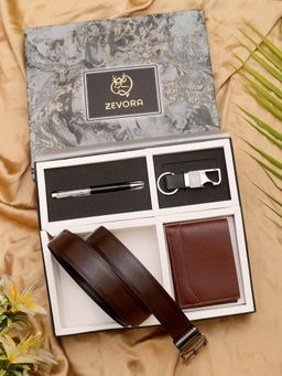 ZEVORA - Men Reversible Brown Belt with Wallet, Pen & Keychain