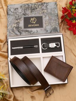 ZEVORA - Men Reversible Brown Belt with Wallet, Pen & Keychain