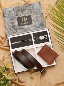 ZEVORA - Men Reversible Brown Belt with Wallet, Pen & Keychain