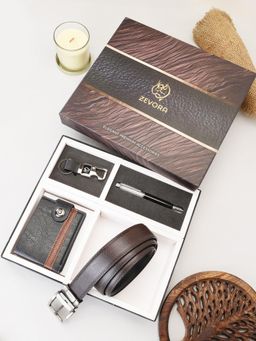 ZEVORA - Men Reversible Brown Belt with Wallet, Pen & Keychain