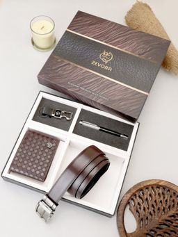 ZEVORA - Men Reversible Brown Belt with Wallet, Pen & Keychain
