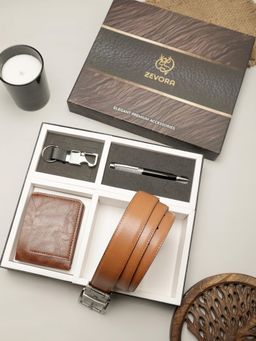 ZEVORA - Men Reversible Tan Belt with Wallet, Pen & Keychain