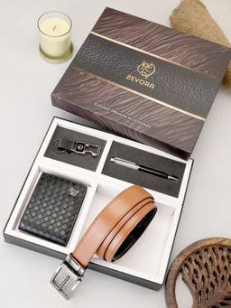 ZEVORA - Men Reversible Tan Belt with Wallet, Pen & Keychain