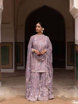 Aangan by Parul - Purple Ethereal Organza Layers Sharara with Kurta and Dupatta (Set of 3)