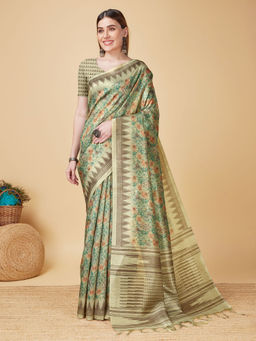 Sangam Prints - Beige Sofi Silk Digital Print Tassels Saree with Unstitched Blouse